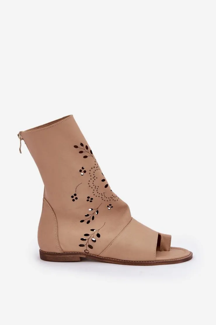 Clearance Boto Zazoo 3437 Damskie Skórzane Sandały Z Cholewką Na Zamek Beżowe Beżowy