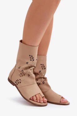 Clearance Boto Zazoo 3437 Damskie Skórzane Sandały Z Cholewką Na Zamek Beżowe Beżowy