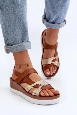Zazoo 40397 Damskie Skórzane Sandały Na Platformie Brązowe Brązowy
