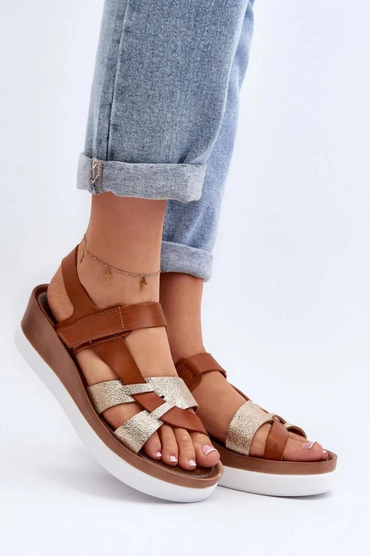 Zazoo 40397 Damskie Skórzane Sandały Na Platformie Brązowe Brązowy