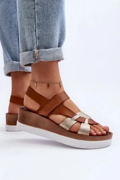 Zazoo 40397 Damskie Skórzane Sandały Na Platformie Brązowe Brązowy