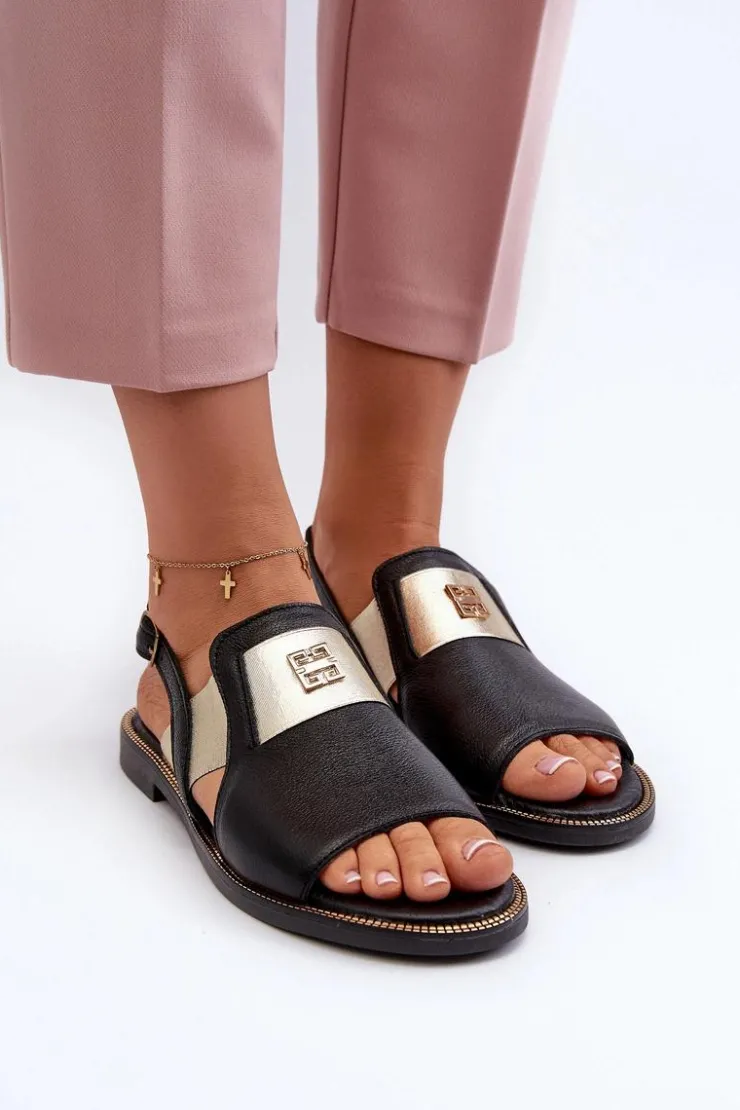 Zazoo Sandały Płaskie*40385 Damskie Skórzane Sandały Czarne Czarny