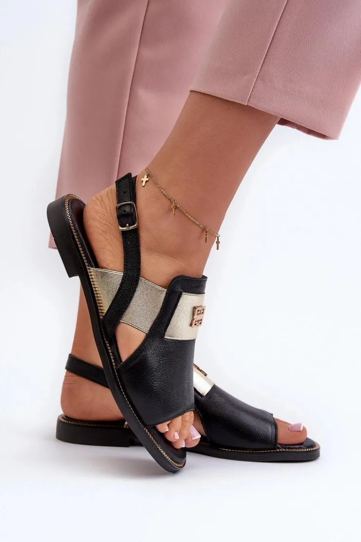 Zazoo Sandały Płaskie*40385 Damskie Skórzane Sandały Czarne Czarny