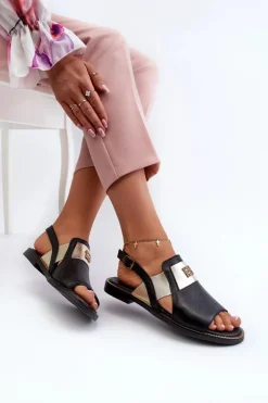 Zazoo Sandały Płaskie*40385 Damskie Skórzane Sandały Czarne Czarny