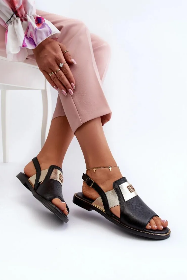 Zazoo Sandały Płaskie*40385 Damskie Skórzane Sandały Czarne Czarny