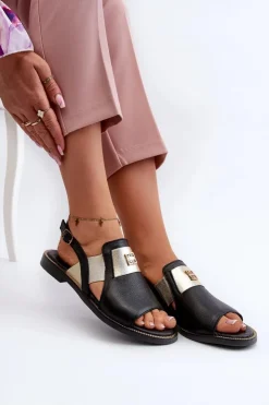 Zazoo Sandały Płaskie*40385 Damskie Skórzane Sandały Czarne Czarny