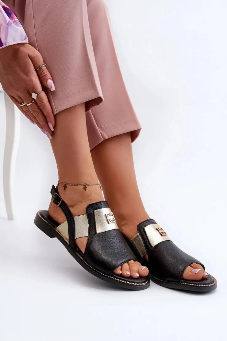 Zazoo Sandały Płaskie*40385 Damskie Skórzane Sandały Czarne Czarny