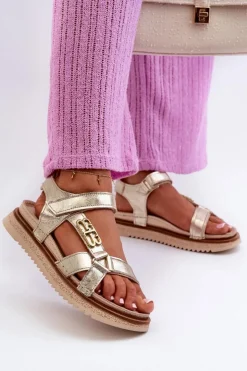 Damskie Maciejka Zazoo 50103 Damskie Skórzane Sandały Na Platformie Złote