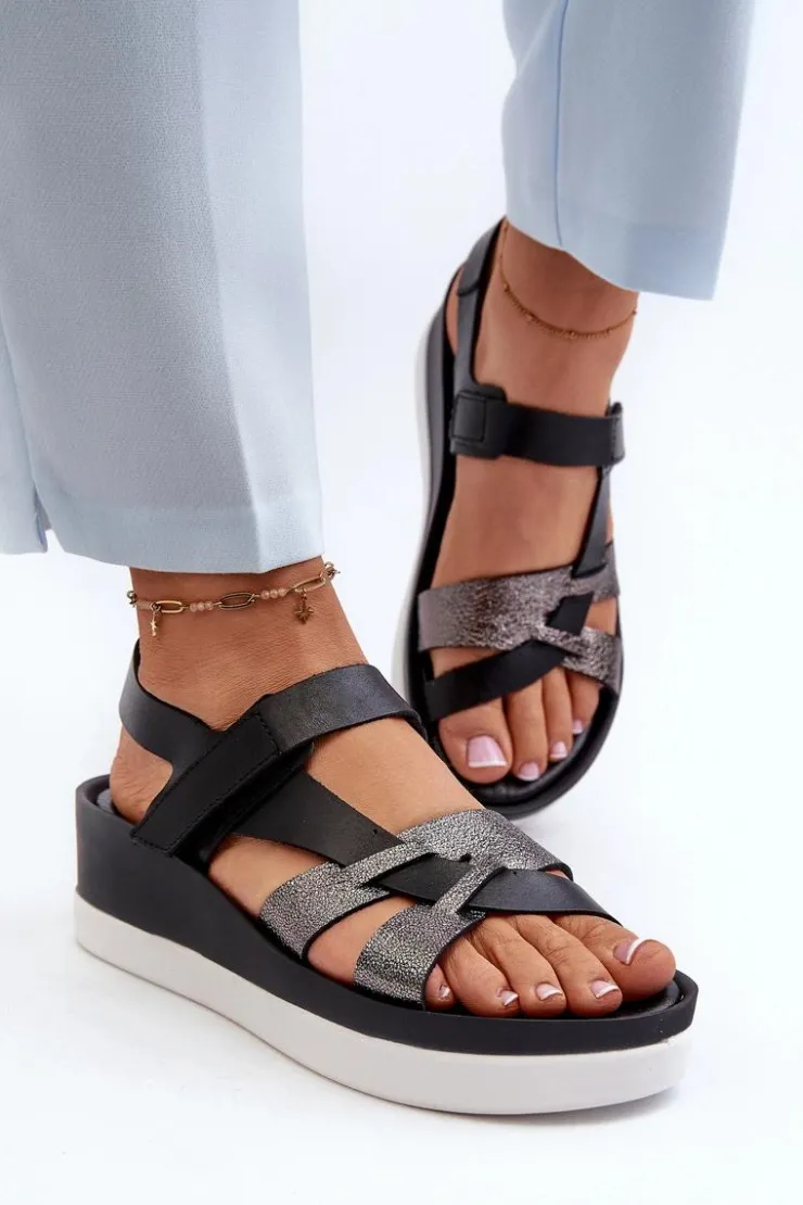 Damskie Zazoo 40397 Damskie Skórzane Sandały Na Platformie Czarne