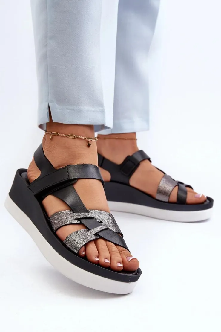 Damskie Zazoo 40397 Damskie Skórzane Sandały Na Platformie Czarne