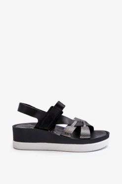 Damskie Zazoo 40397 Damskie Skórzane Sandały Na Platformie Czarne