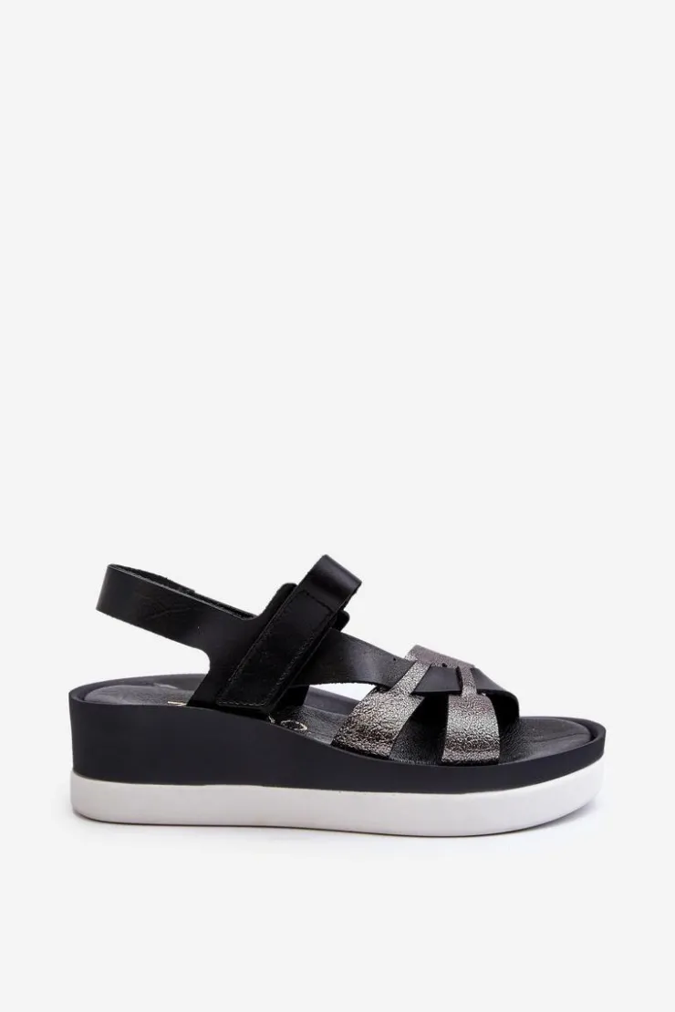 Damskie Zazoo 40397 Damskie Skórzane Sandały Na Platformie Czarne