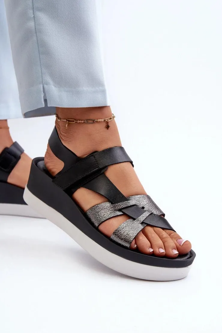 Damskie Zazoo 40397 Damskie Skórzane Sandały Na Platformie Czarne