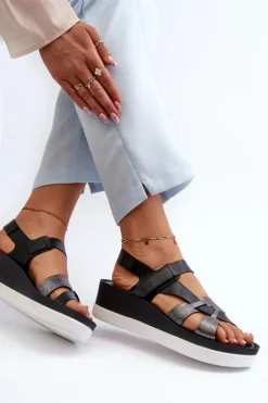 Damskie Zazoo 40397 Damskie Skórzane Sandały Na Platformie Czarne