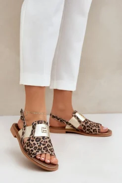 Zazoo Sandały Z Cholewką|Sandały Płaskie*40385 Damskie Skórzane Sandały W Panterkę Brązowe Brązowy