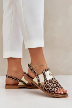 Zazoo Sandały Z Cholewką|Sandały Płaskie*40385 Damskie Skórzane Sandały W Panterkę Brązowe Brązowy