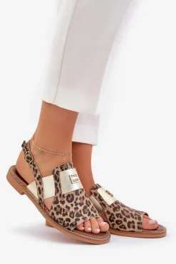 Zazoo Sandały Z Cholewką|Sandały Płaskie*40385 Damskie Skórzane Sandały W Panterkę Brązowe Brązowy