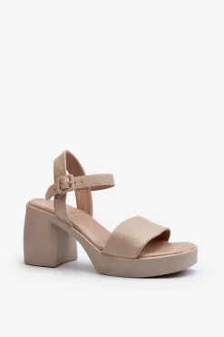 New Zazoo 40386 Damskie Skórzane Sandały Na Klocku Beżowe Beżowy