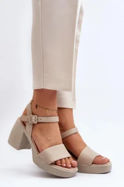 New Zazoo 40386 Damskie Skórzane Sandały Na Klocku Beżowe Beżowy