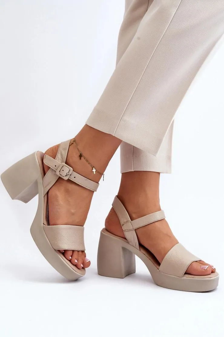 New Zazoo 40386 Damskie Skórzane Sandały Na Klocku Beżowe Beżowy
