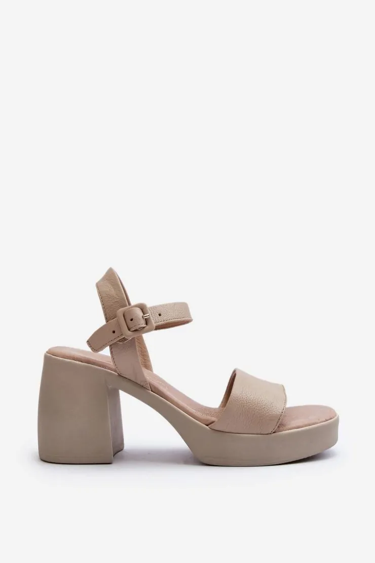 New Zazoo 40386 Damskie Skórzane Sandały Na Klocku Beżowe Beżowy