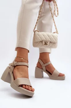 New Zazoo 40386 Damskie Skórzane Sandały Na Klocku Beżowe Beżowy