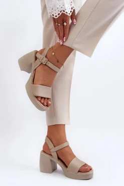 New Zazoo 40386 Damskie Skórzane Sandały Na Klocku Beżowe Beżowy