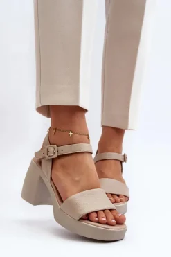 New Zazoo 40386 Damskie Skórzane Sandały Na Klocku Beżowe Beżowy