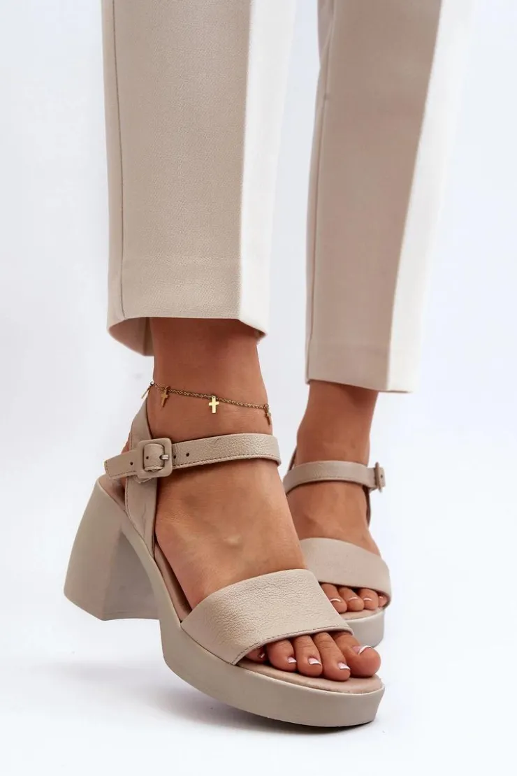New Zazoo 40386 Damskie Skórzane Sandały Na Klocku Beżowe Beżowy