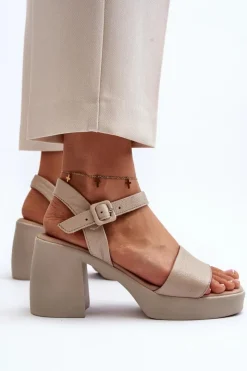 New Zazoo 40386 Damskie Skórzane Sandały Na Klocku Beżowe Beżowy