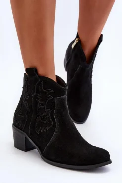 Clearance Zazoo 3426 Damskie Zamszowe Botki Kowbojki Czarne Czarny
