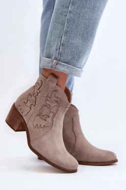 Zazoo Botki Skórzane|Botki Na Słupku*3426 Damskie Zamszowe Botki Kowbojki Cappucino