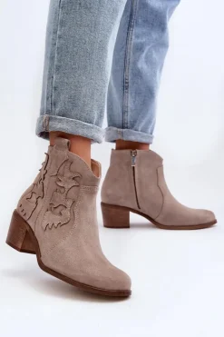 Zazoo Botki Skórzane|Botki Na Słupku*3426 Damskie Zamszowe Botki Kowbojki Cappucino