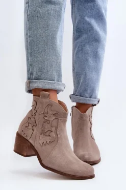 Zazoo Botki Skórzane|Botki Na Słupku*3426 Damskie Zamszowe Botki Kowbojki Cappucino