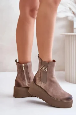 Damskie Zazoo 60498 Damskie Zamszowe Botki Sztyblety Na Platformie I Koturnie Beżowe