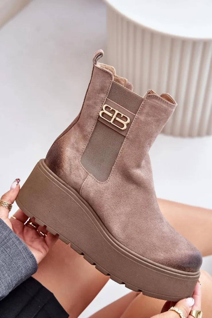 Damskie Zazoo 60498 Damskie Zamszowe Botki Sztyblety Na Platformie I Koturnie Beżowe