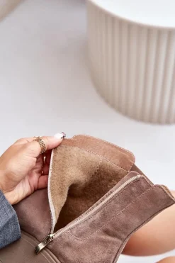 Damskie Zazoo 60498 Damskie Zamszowe Botki Sztyblety Na Platformie I Koturnie Beżowe