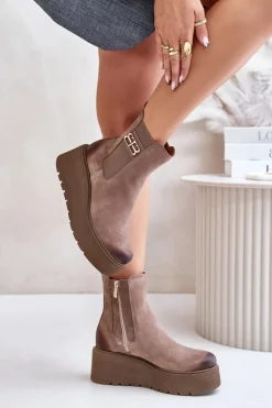 Damskie Zazoo 60498 Damskie Zamszowe Botki Sztyblety Na Platformie I Koturnie Beżowe