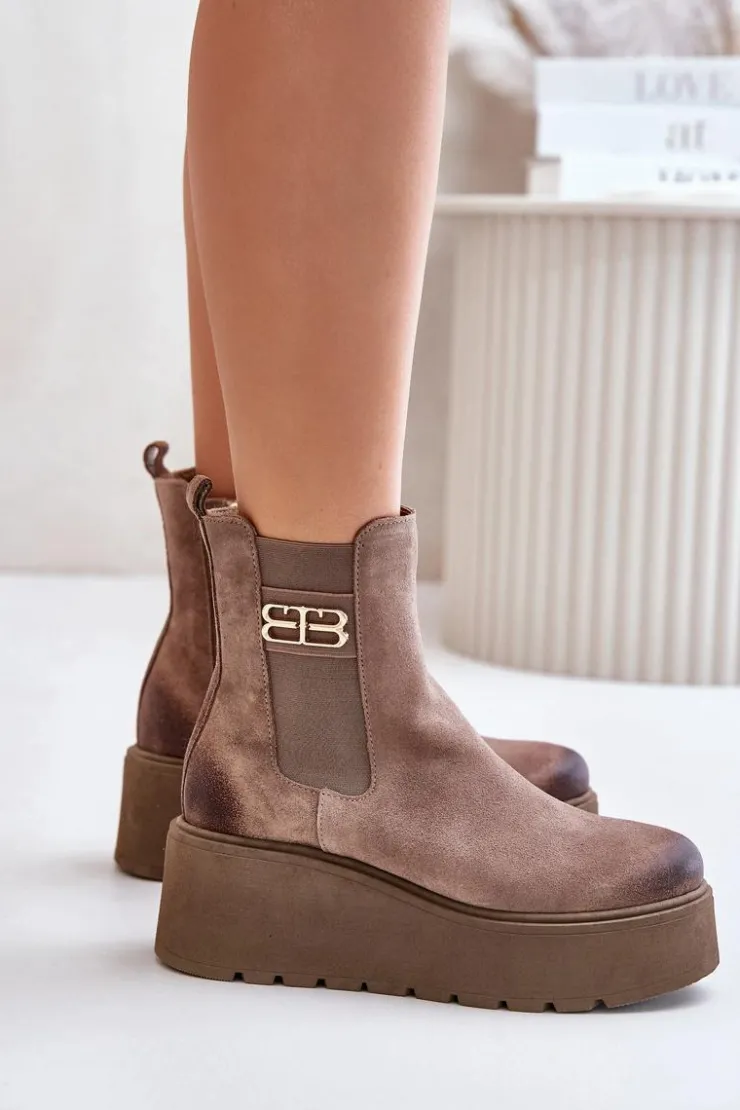 Damskie Zazoo 60498 Damskie Zamszowe Botki Sztyblety Na Platformie I Koturnie Beżowe