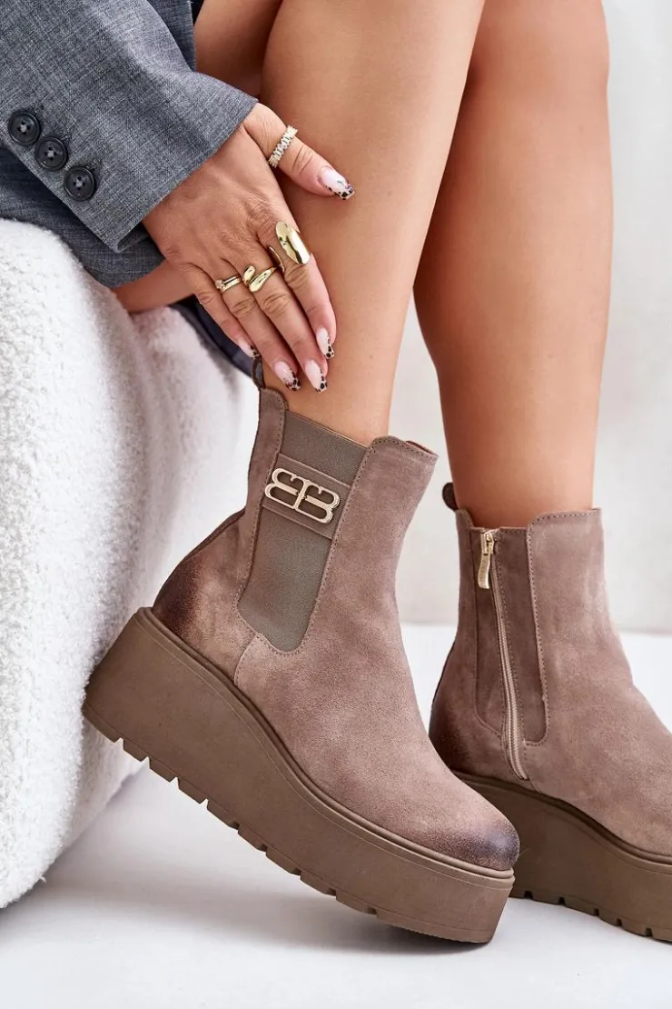 Damskie Zazoo 60498 Damskie Zamszowe Botki Sztyblety Na Platformie I Koturnie Beżowe