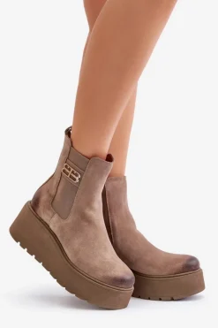 Damskie Zazoo 60498 Damskie Zamszowe Botki Sztyblety Na Platformie I Koturnie Beżowe