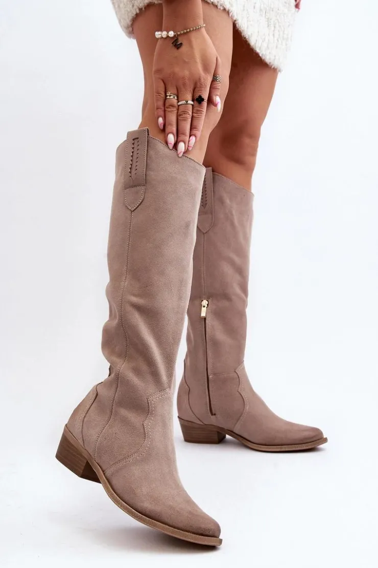 Zazoo Kozaki Wiosenne|Kozaki Przed Kolano*3427 Damskie Zamszowe Kozaki Kowbojki Cappuccino