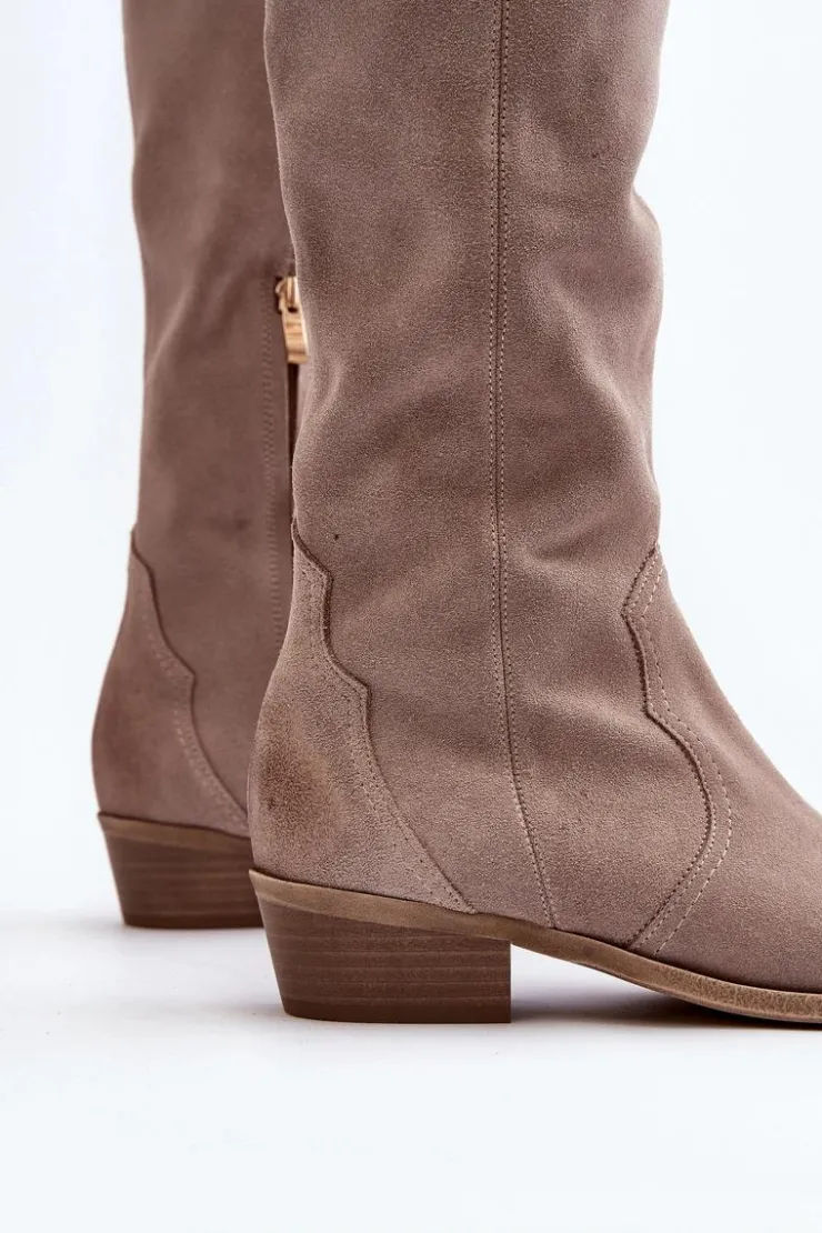 Zazoo Kozaki Wiosenne|Kozaki Przed Kolano*3427 Damskie Zamszowe Kozaki Kowbojki Cappuccino