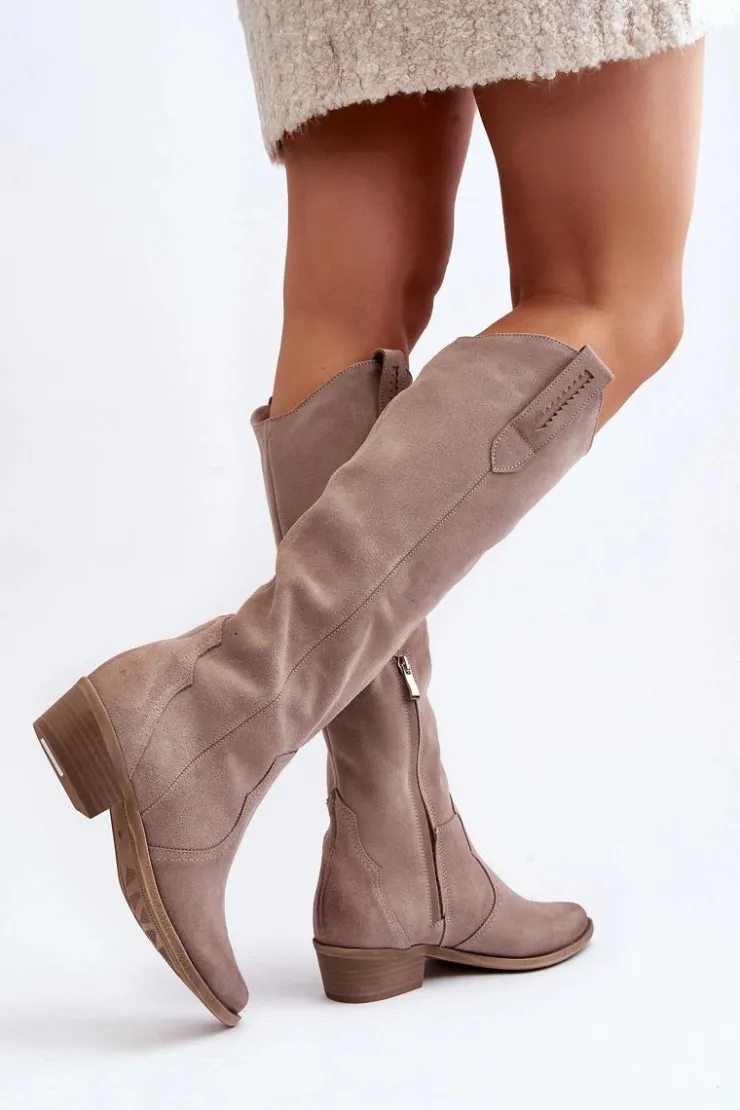 Zazoo Kozaki Wiosenne|Kozaki Przed Kolano*3427 Damskie Zamszowe Kozaki Kowbojki Cappuccino