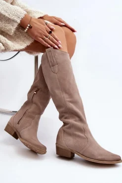 Zazoo Kozaki Wiosenne|Kozaki Przed Kolano*3427 Damskie Zamszowe Kozaki Kowbojki Cappuccino