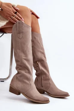 Zazoo Kozaki Wiosenne|Kozaki Przed Kolano*3427 Damskie Zamszowe Kozaki Kowbojki Cappuccino