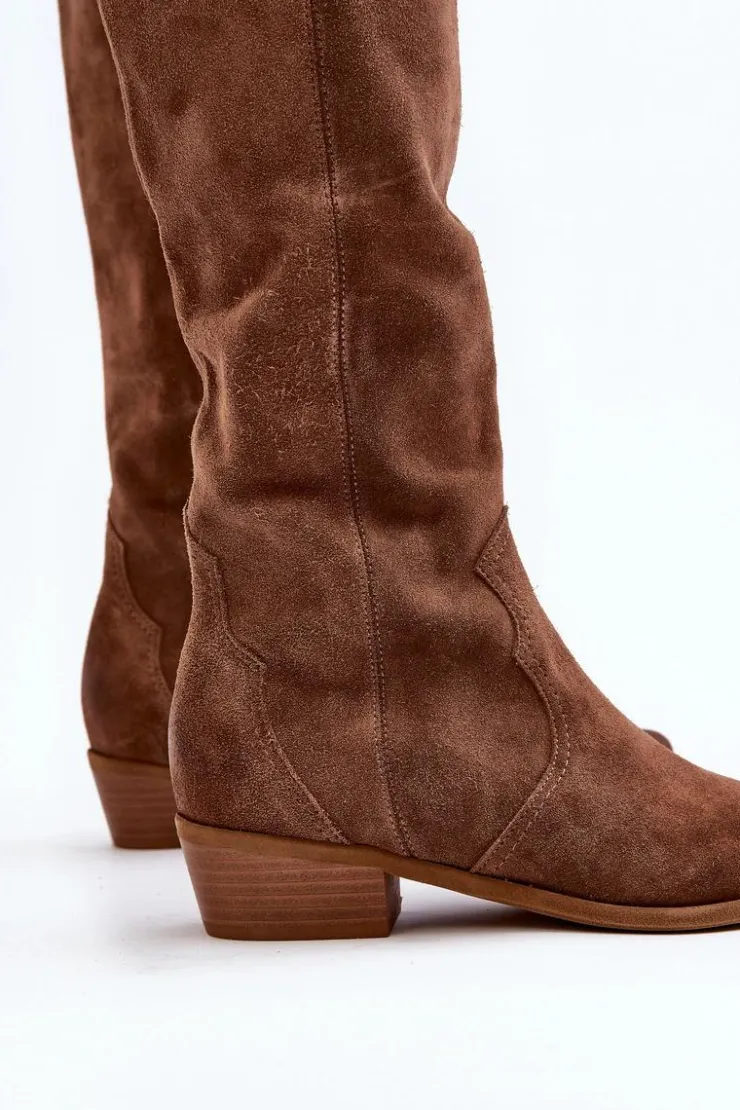 Zazoo Kozaki Wiosenne|Kozaki Przed Kolano*3427 Damskie Zamszowe Kozaki Kowbojki Brązowe