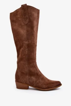 Zazoo Kozaki Wiosenne|Kozaki Przed Kolano*3427 Damskie Zamszowe Kozaki Kowbojki Brązowe
