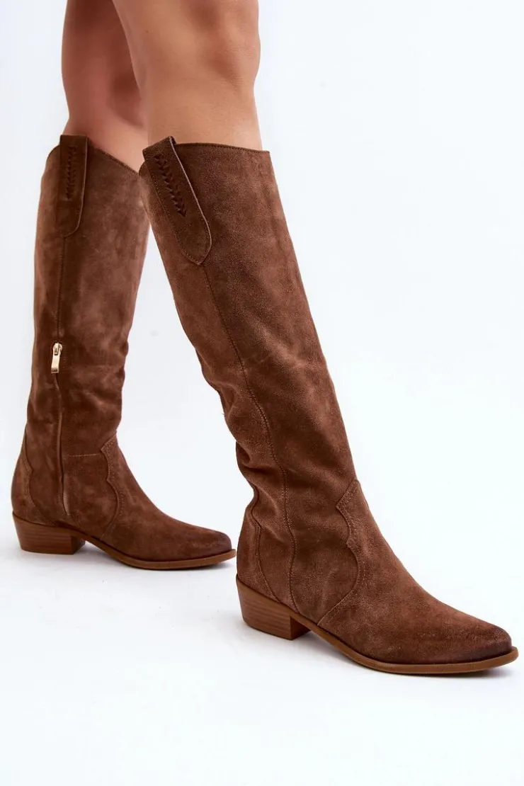 Zazoo Kozaki Wiosenne|Kozaki Przed Kolano*3427 Damskie Zamszowe Kozaki Kowbojki Brązowe
