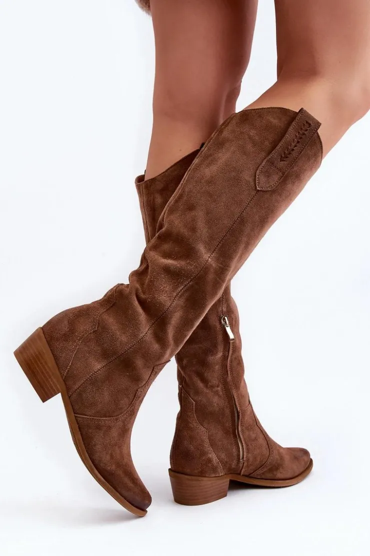 Zazoo Kozaki Wiosenne|Kozaki Przed Kolano*3427 Damskie Zamszowe Kozaki Kowbojki Brązowe